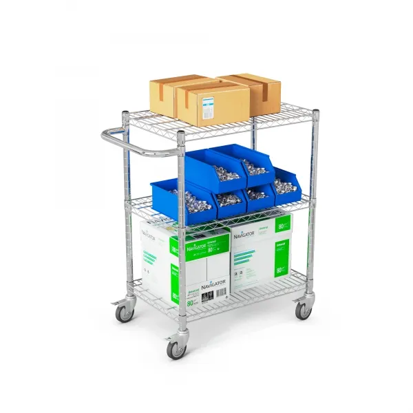 Verchroomde stalen serveerwagen met horizontale handgreep en 2 niveaus - Wielen 75 mm met lading