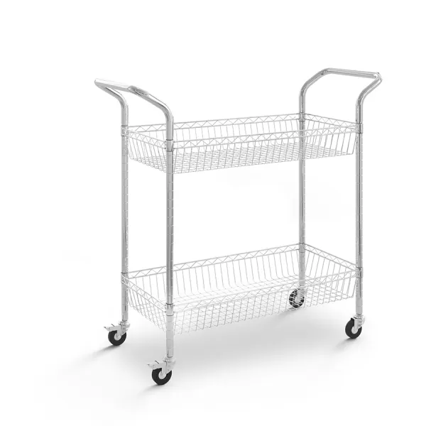 Verchroomd stalen serveerwagen met draadmanden en 2 niveaus - Wielen 75 mm