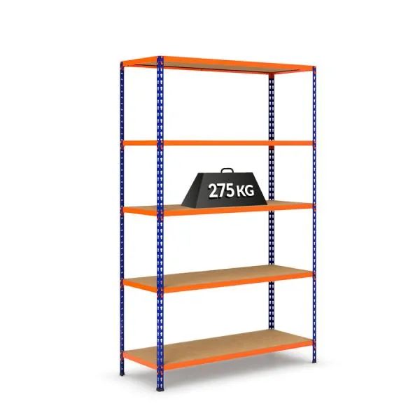 V-Max stelling blauw oranje met spaanplaat planken