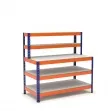 Werktafel blauw en oranje met bovenvakken en onderblad en 3 melamine planken zonder randbescherming