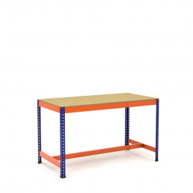 Werktafel met voetensteun blauw en oranje met plank van spaanplaat 